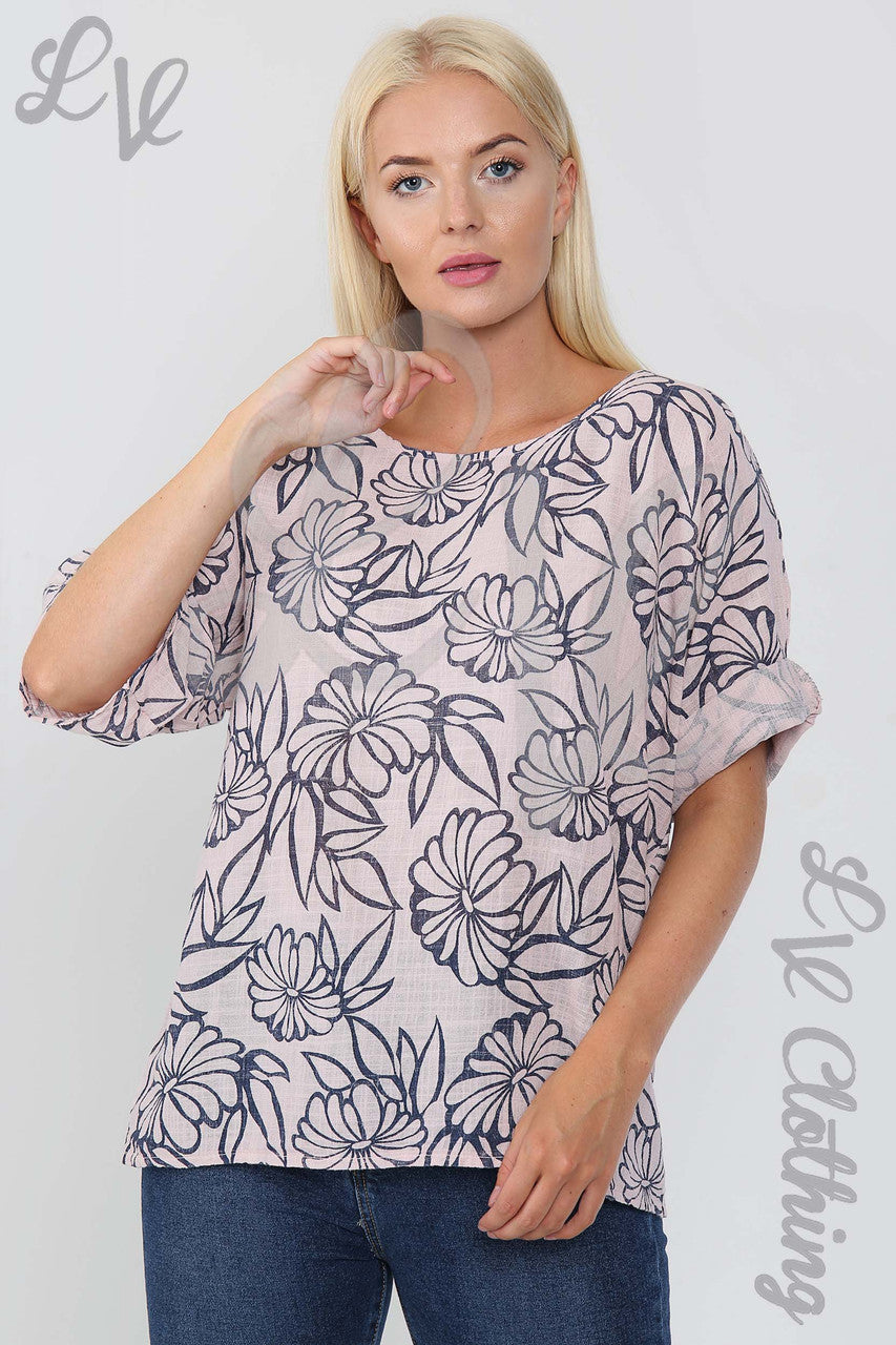 Ladies Floral Outline Print Top Dusty Pink - Unit Price £9.99