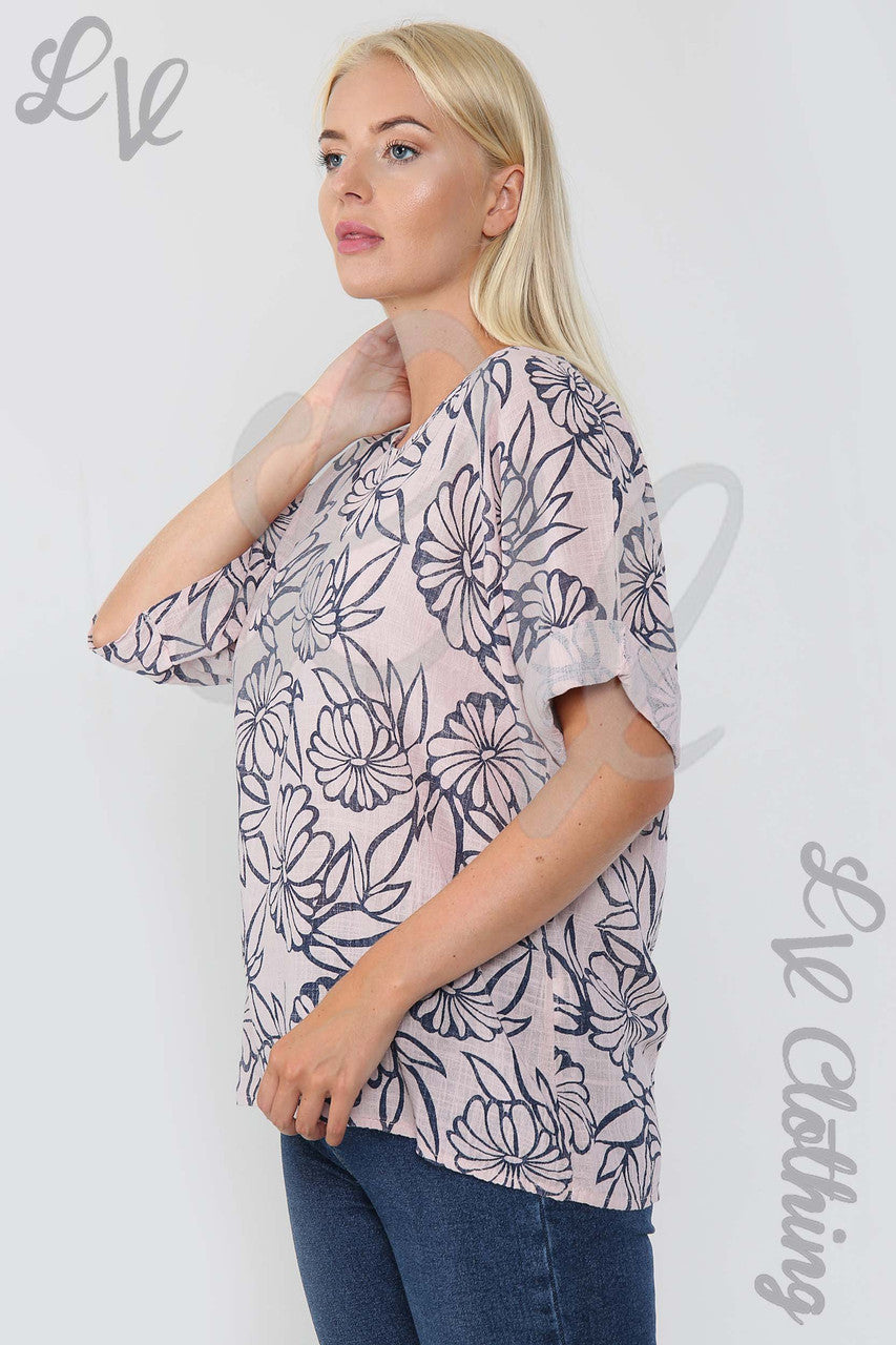 Ladies Floral Outline Print Top Dusty Pink - Unit Price £9.99