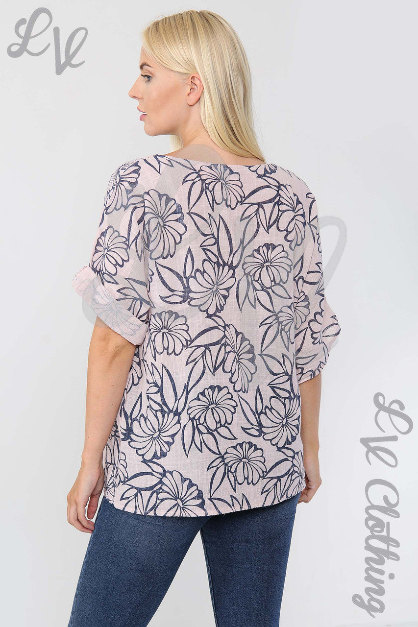 Ladies Floral Outline Print Top Dusty Pink - Unit Price £9.99