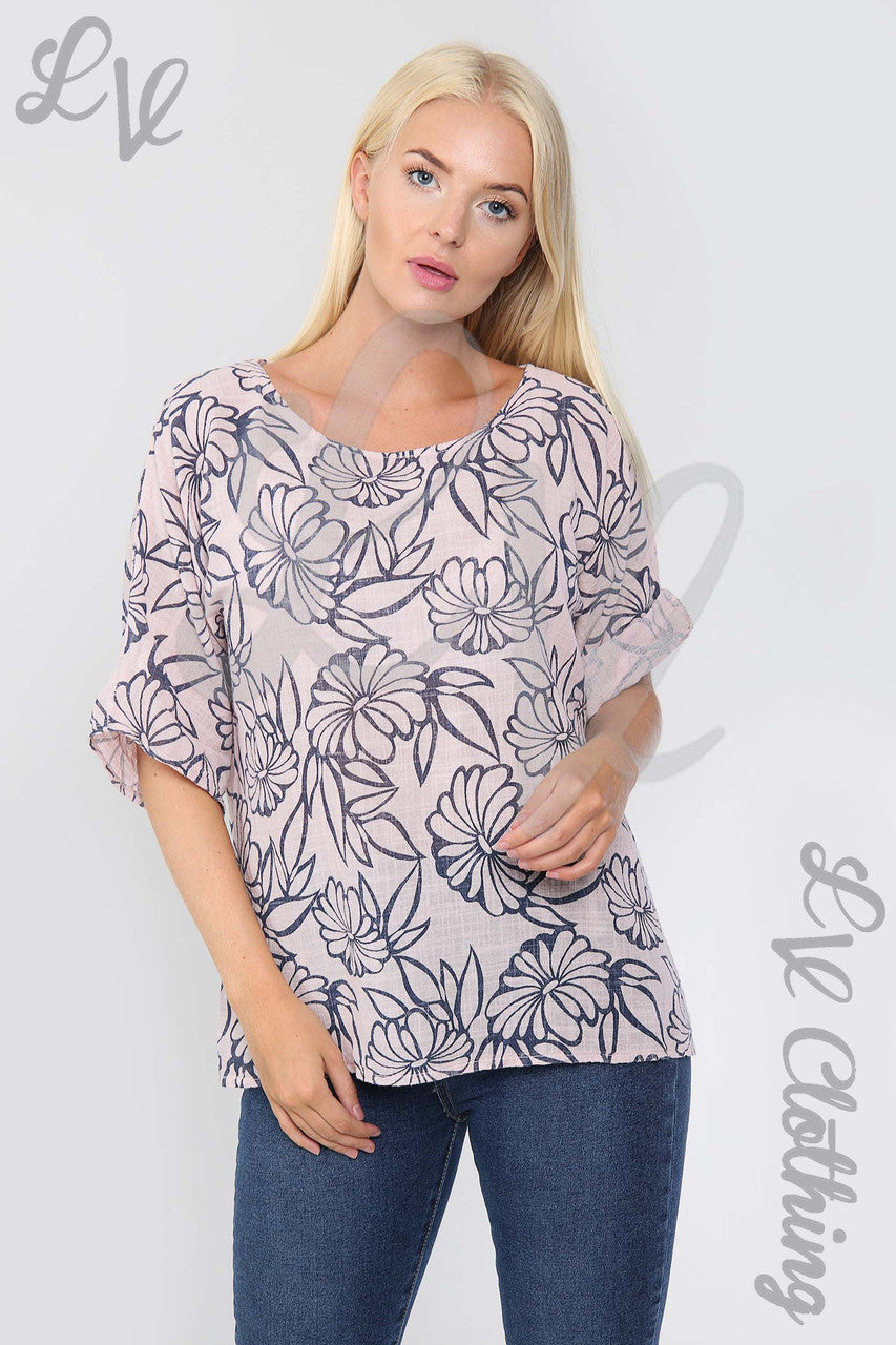 Ladies Floral Outline Print Top Dusty Pink - Unit Price £9.99