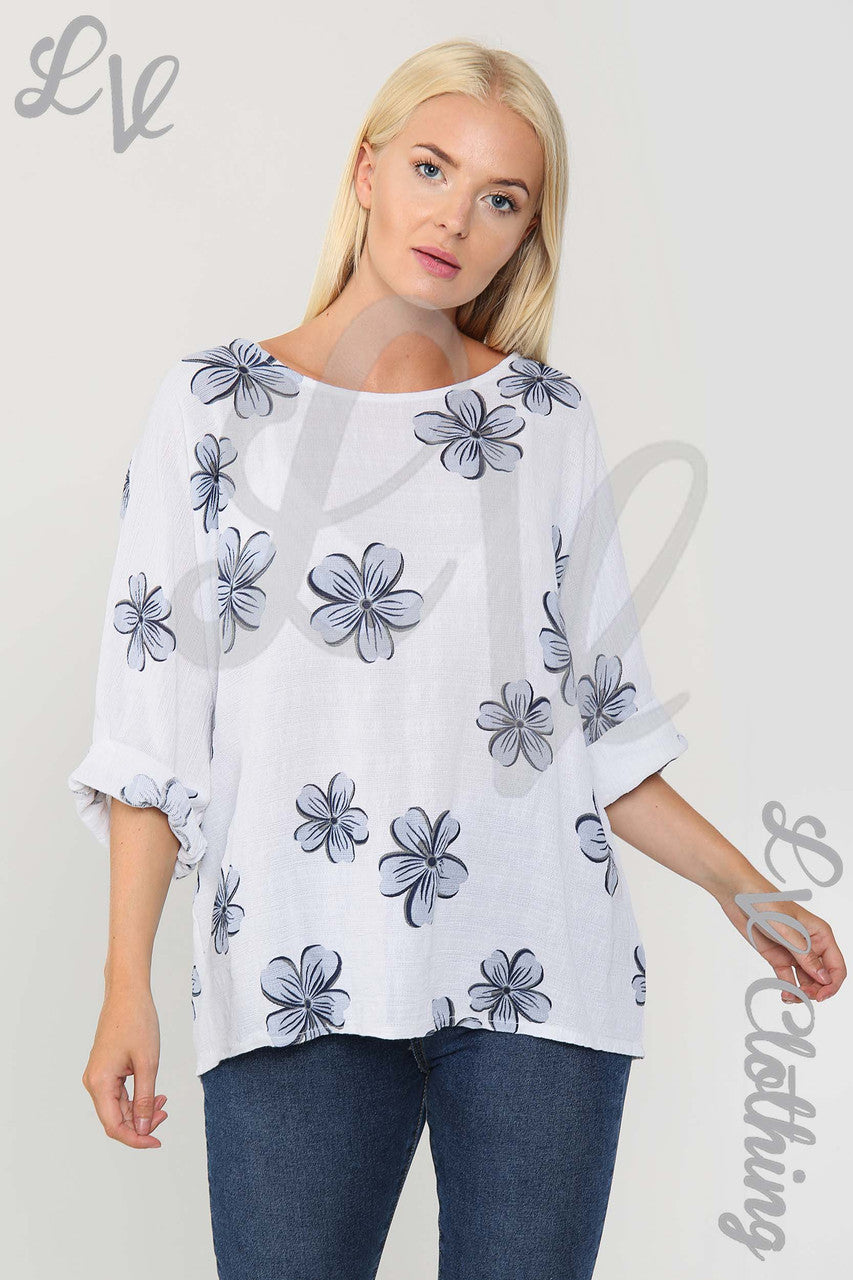 Ladies Daisy Flower Print Top White - Unit Price £9.99