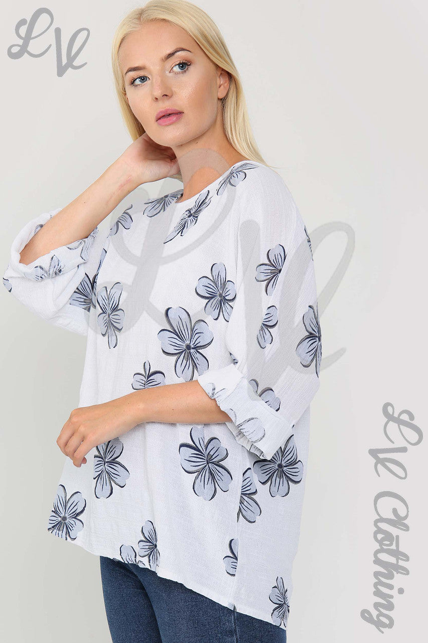 Ladies Daisy Flower Print Top White - Unit Price £9.99