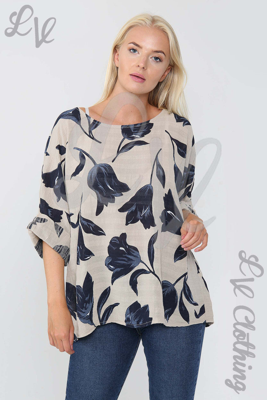 Ladies Tulip Flower Print Top Stone - Unit Price £9.99