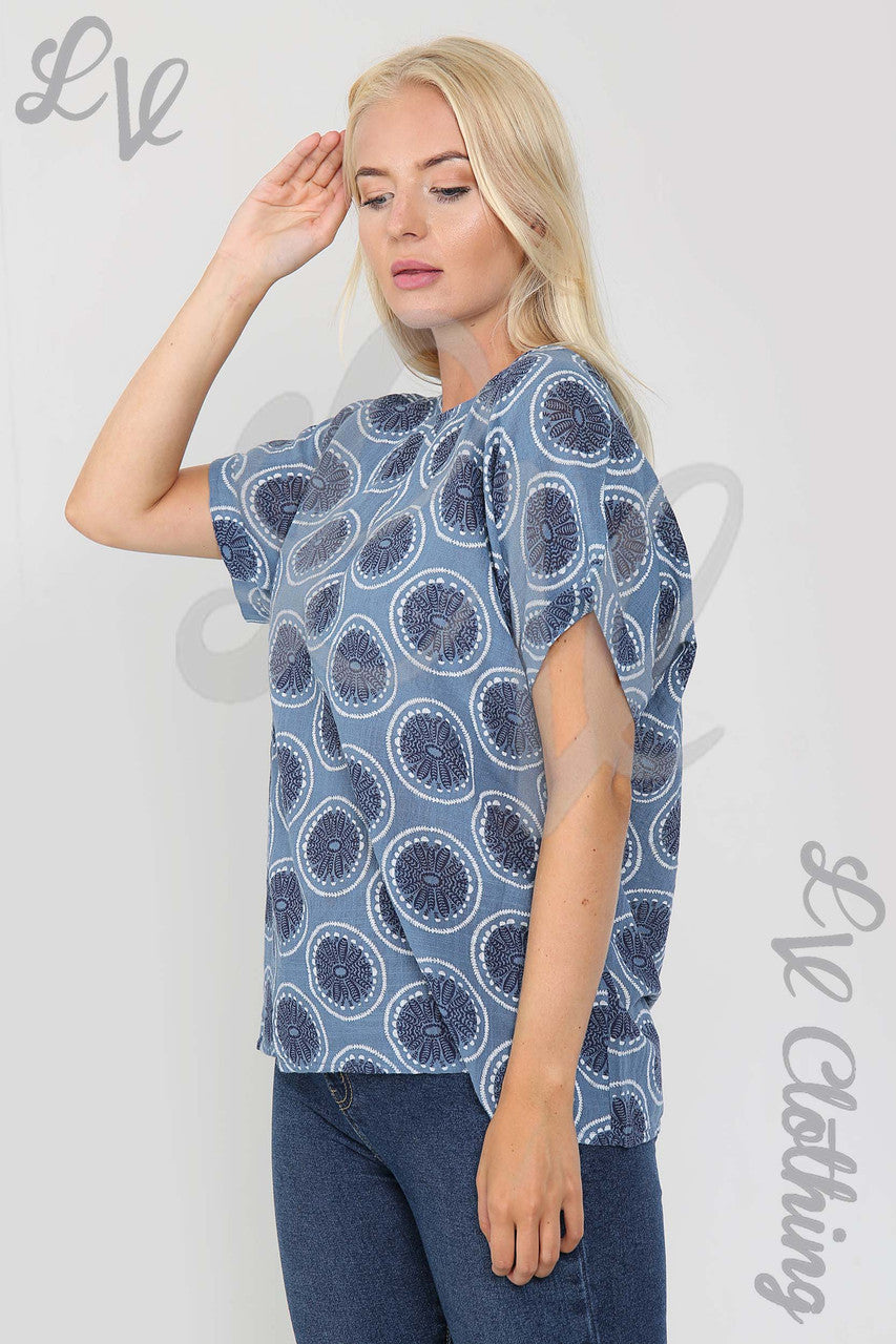 Ladies Floral Circle Print Top Denim - Unit Price £9.99