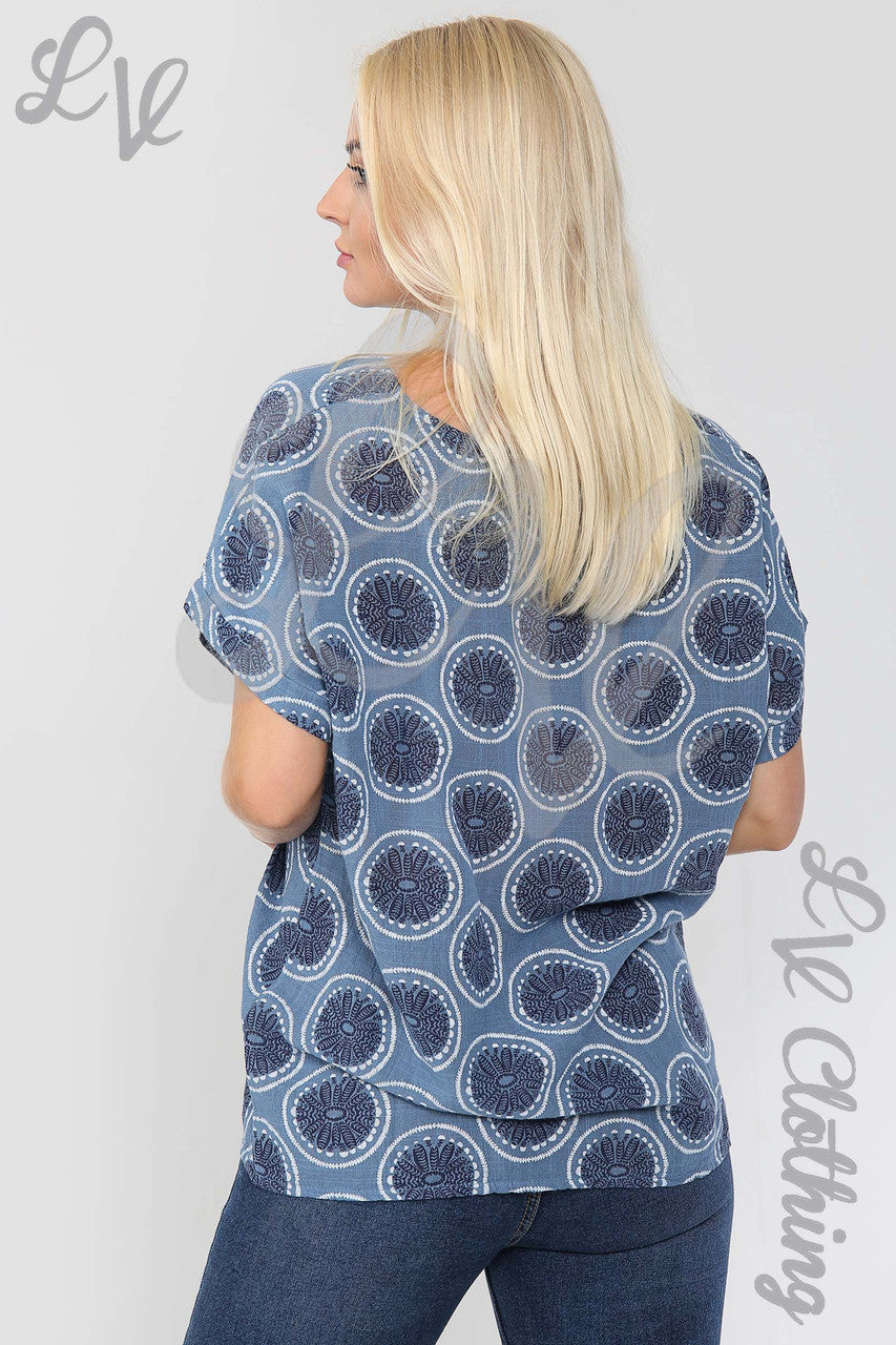 Ladies Floral Circle Print Top Denim - Unit Price £9.99