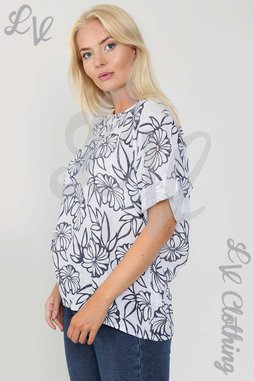 Ladies Floral Outline Print Top White - Unit Price £9.99