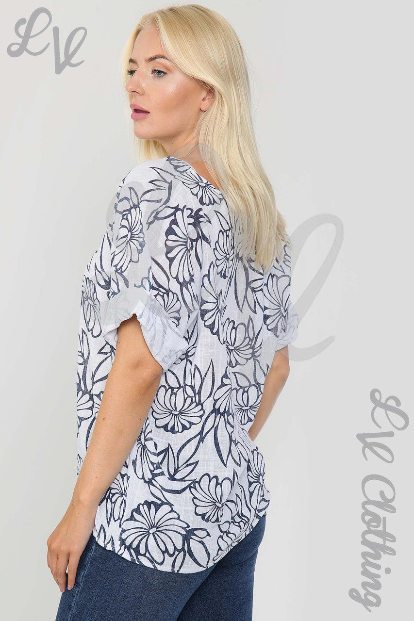 Ladies Floral Outline Print Top White - Unit Price £9.99
