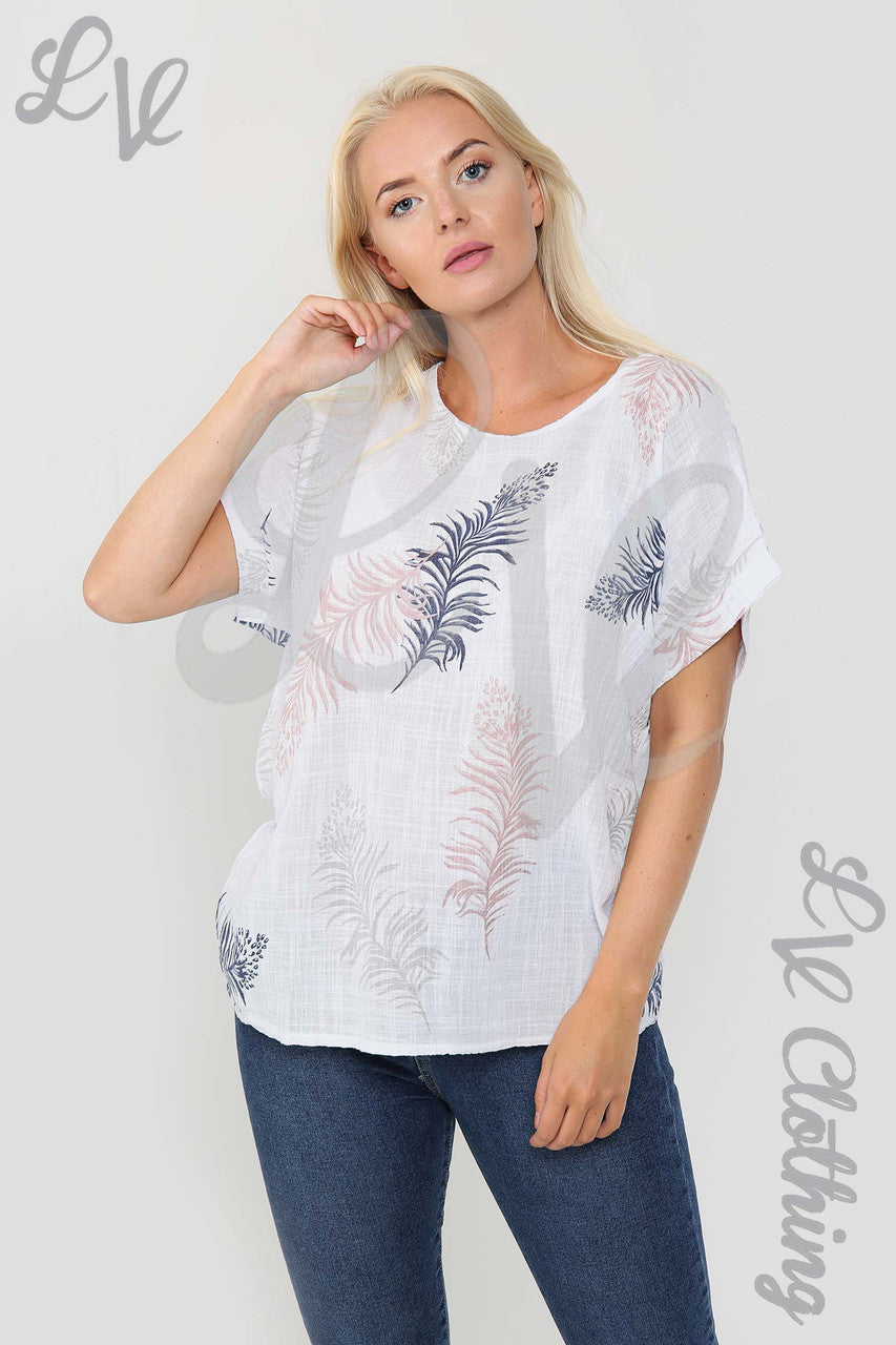 Ladies Feather Print Print Top White - Unit Price £9.99
