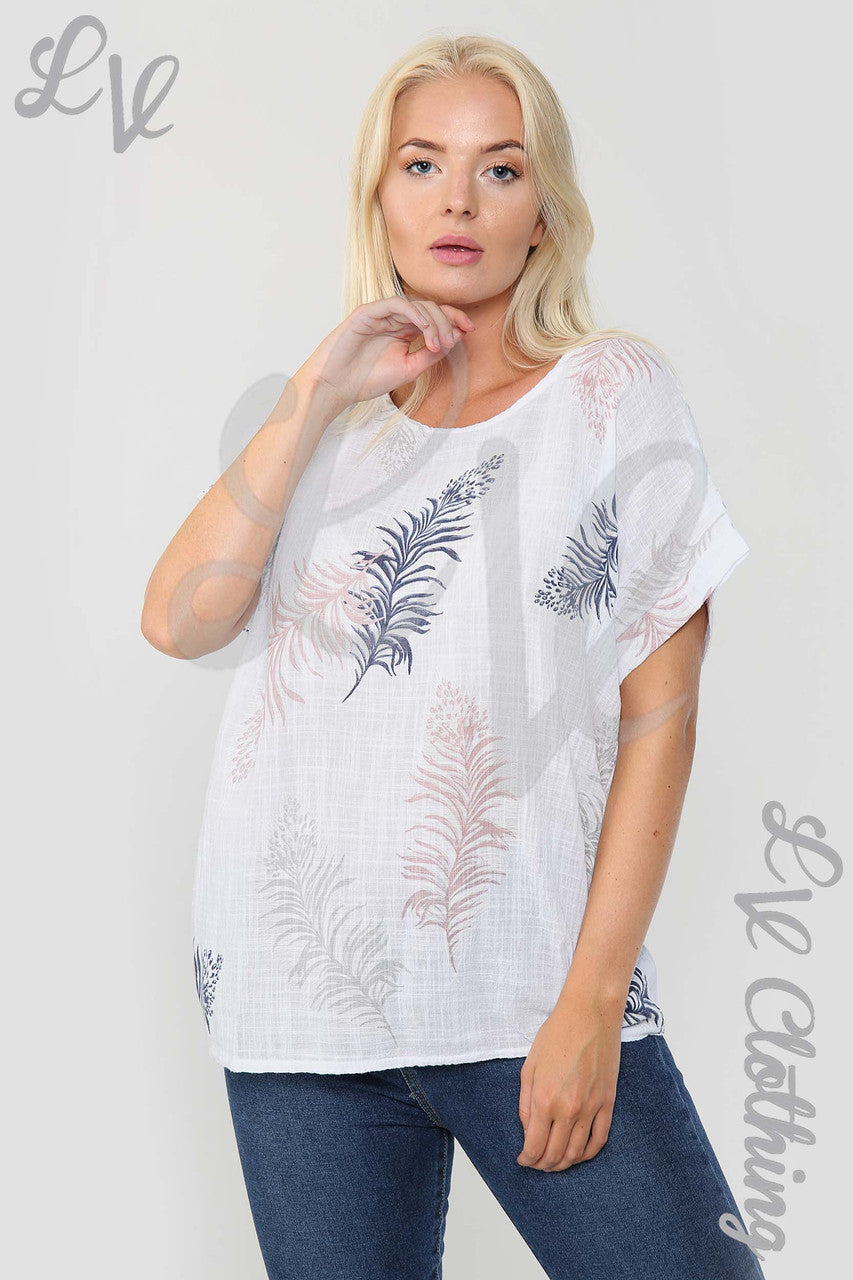 Ladies Feather Print Print Top White - Unit Price £9.99
