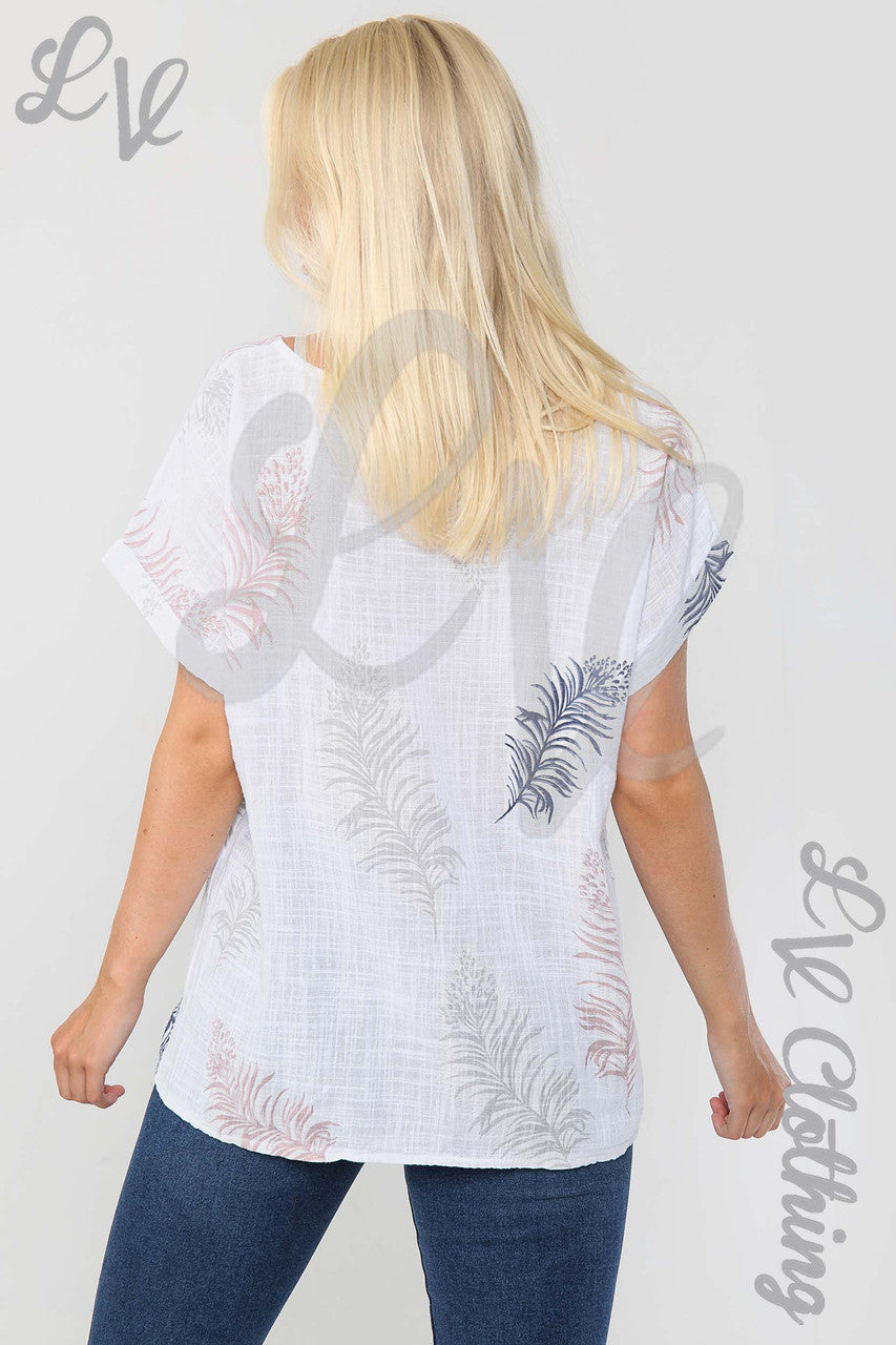 Ladies Feather Print Print Top White - Unit Price £9.99