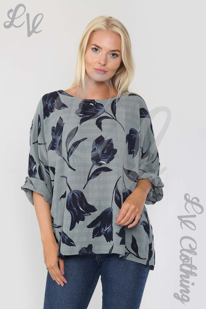 Ladies Tulip Flower Print Top Grey - Unit Price £9.99