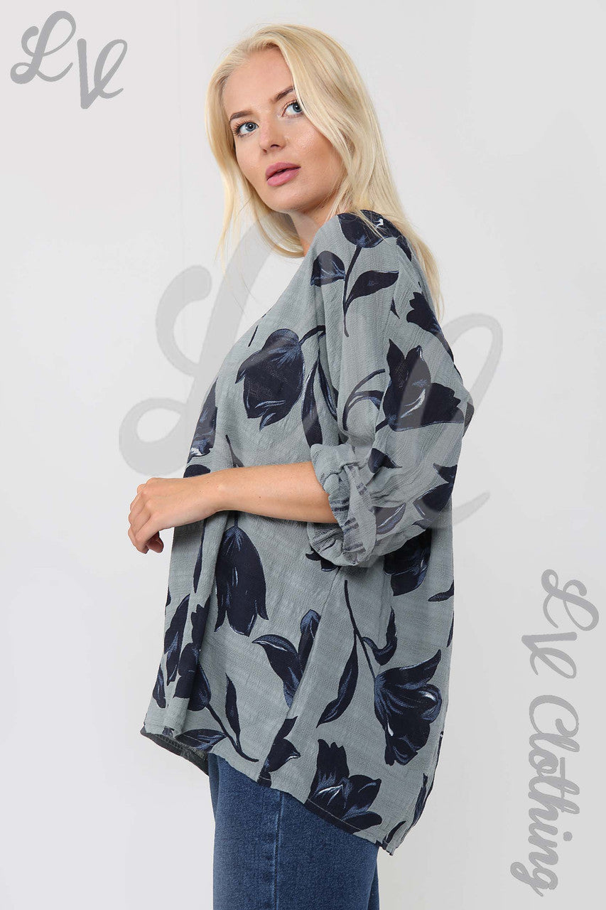 Ladies Tulip Flower Print Top Grey - Unit Price £9.99