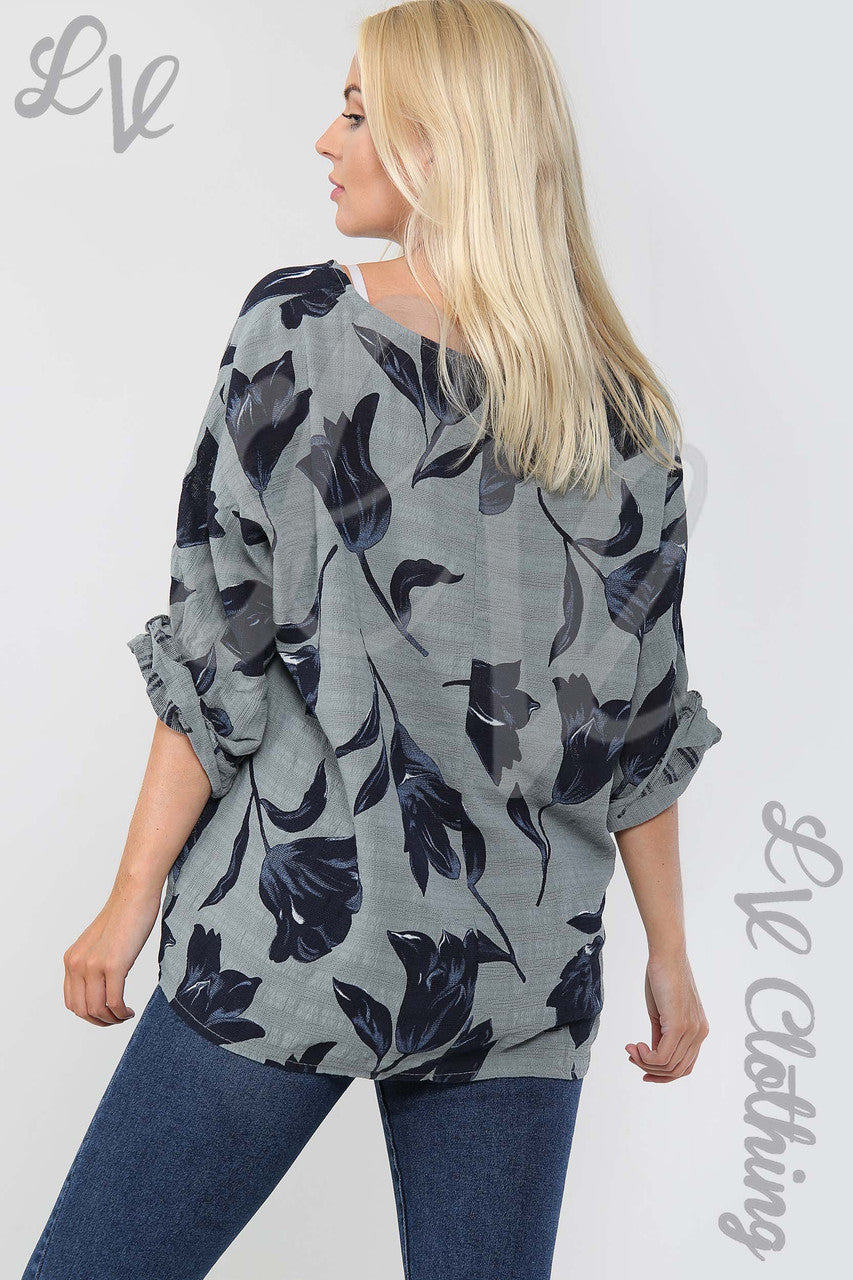 Ladies Tulip Flower Print Top Grey - Unit Price £9.99