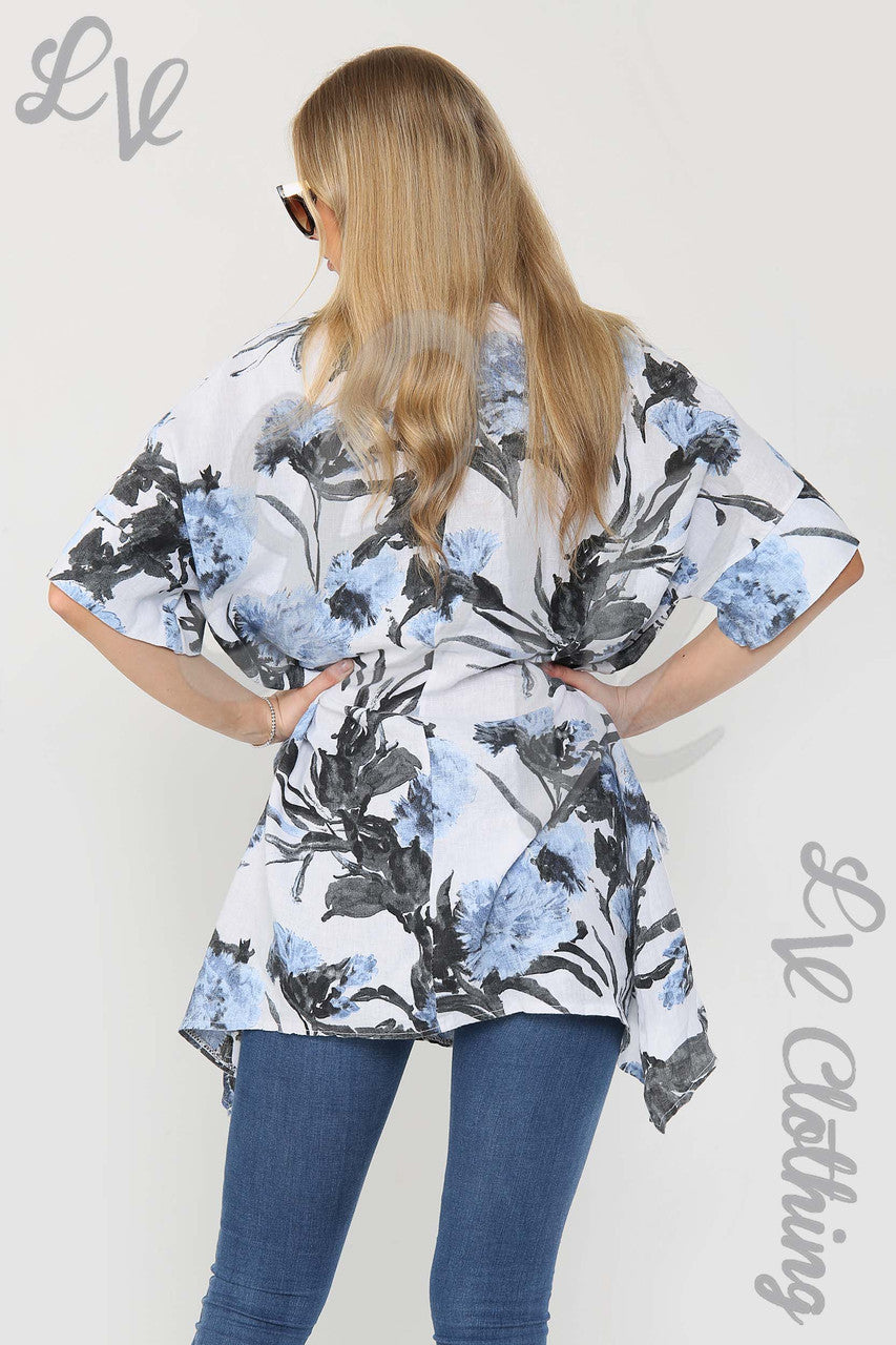 Ladies Flower & Leaf Print Smock Tunic Top White - Unit Price £17.99