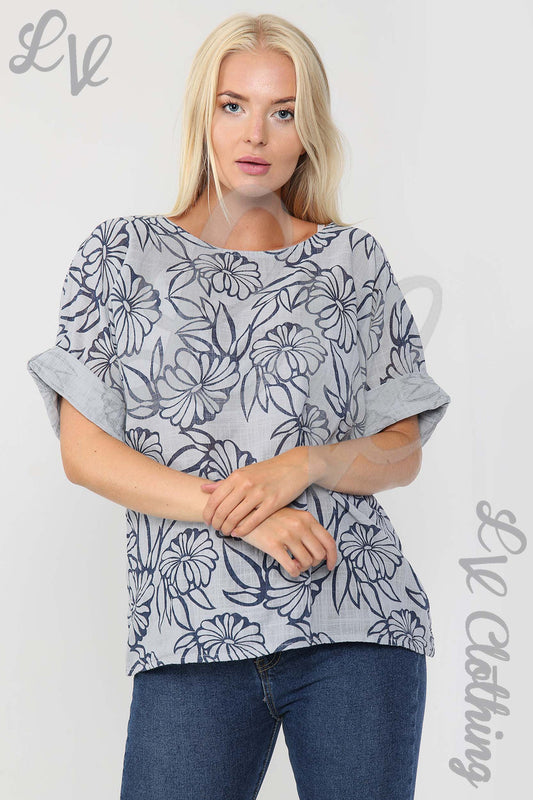 Floral outline print top with short sleeves, boat neckline, light gray and dark blue