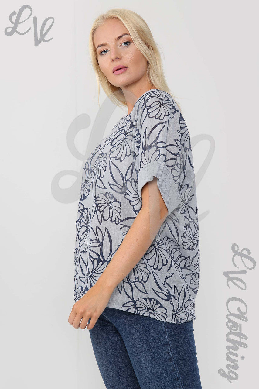 Ladies Floral Outline Print Top Silver - Unit Price £9.99