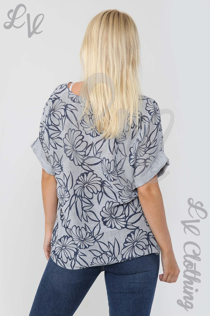 Ladies Floral Outline Print Top Silver - Unit Price £9.99