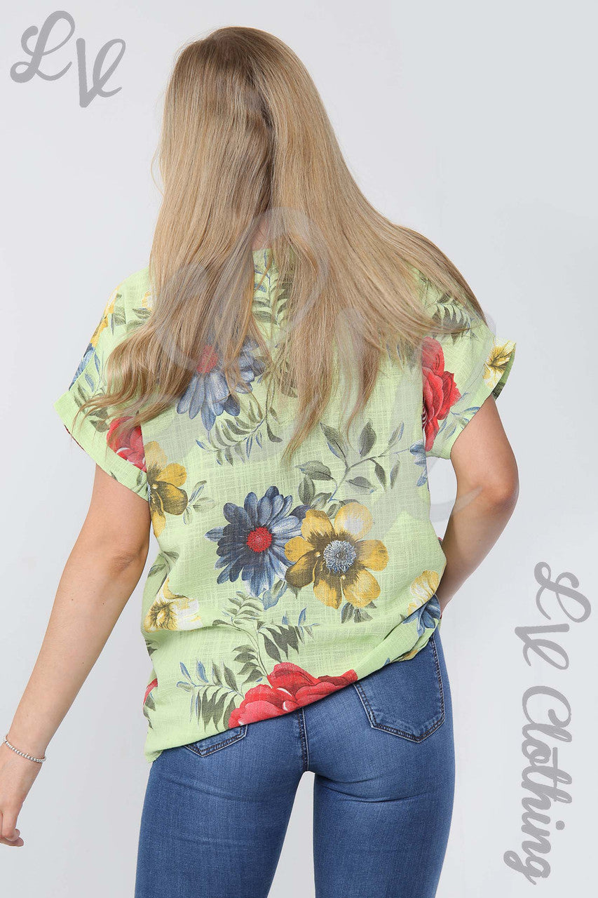 Ladies Floral Mix Print Top Chartreuse - Unit Price £9.99