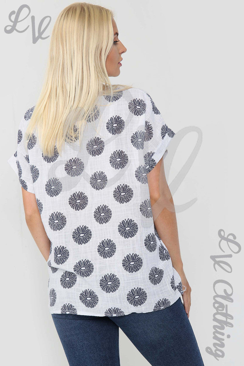 Dames Top met Bloemen Cirkelprint Wit - Prijs per eenheid €9,99