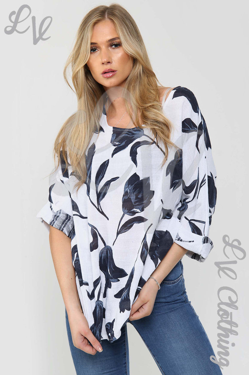 Ladies Tulip Flower Print Top White - Unit Price Was £7.99