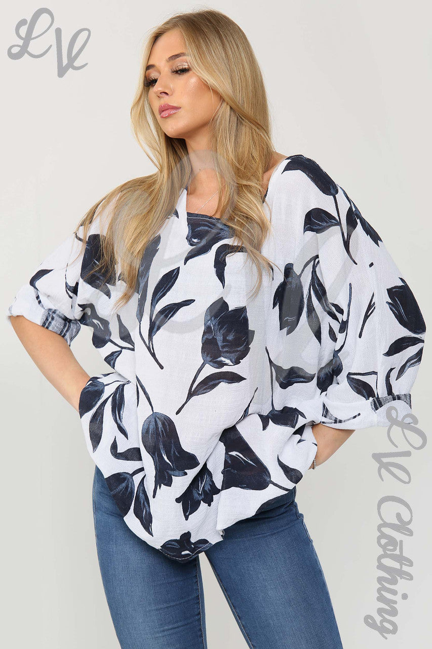 Ladies Tulip Flower Print Top White - Unit Price Was £7.99