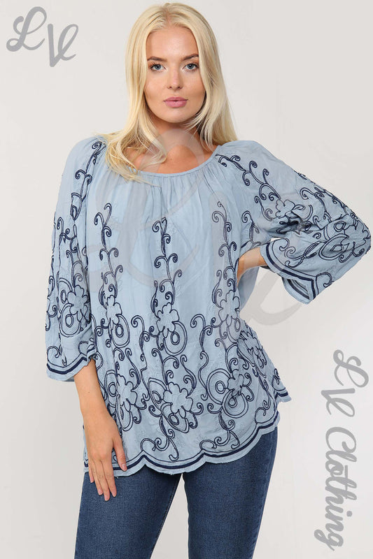 Light blue embroidered blouse with navy scroll pattern, 3/4 sleeves, round neckline
