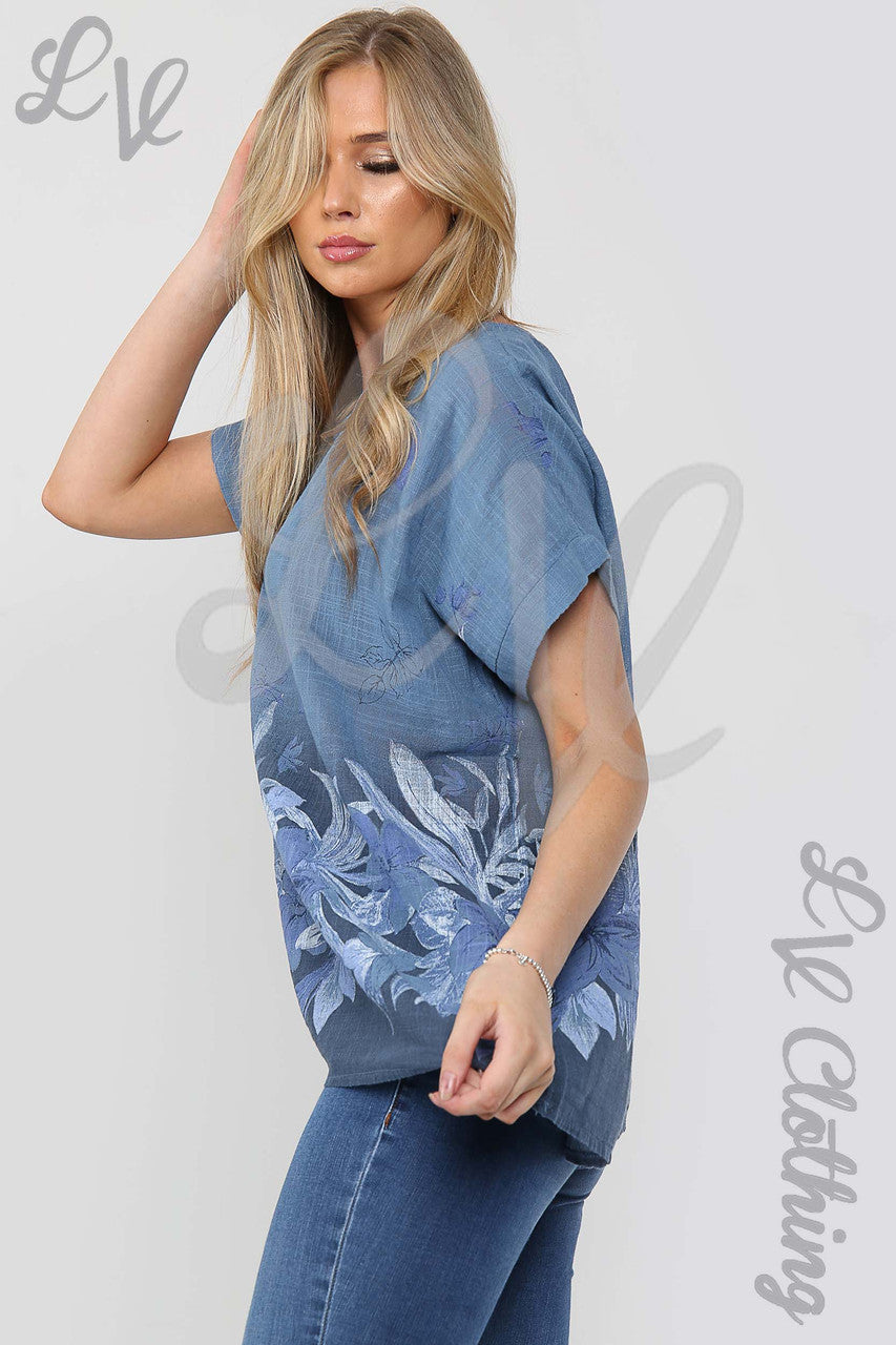 Ladies Floral Print Border Top Denim - Unit Price £9.99