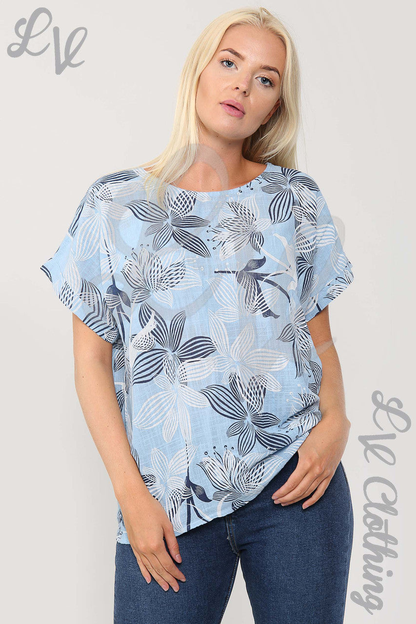 Ladies Floral Outline Abstract Print Top Light Blue - Unit Price £9.99