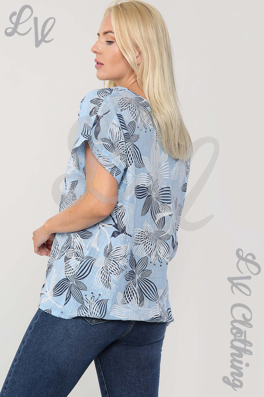Ladies Floral Outline Abstract Print Top Light Blue - Unit Price £9.99