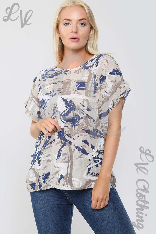 Women's abstract splash print top, stone with blue brush strokes, crew neck