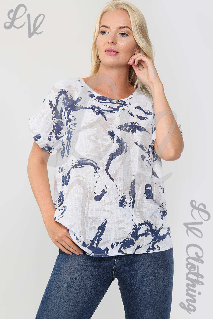 Ladies Abstract Paint Splash Print Top White - Unit Price £9.99