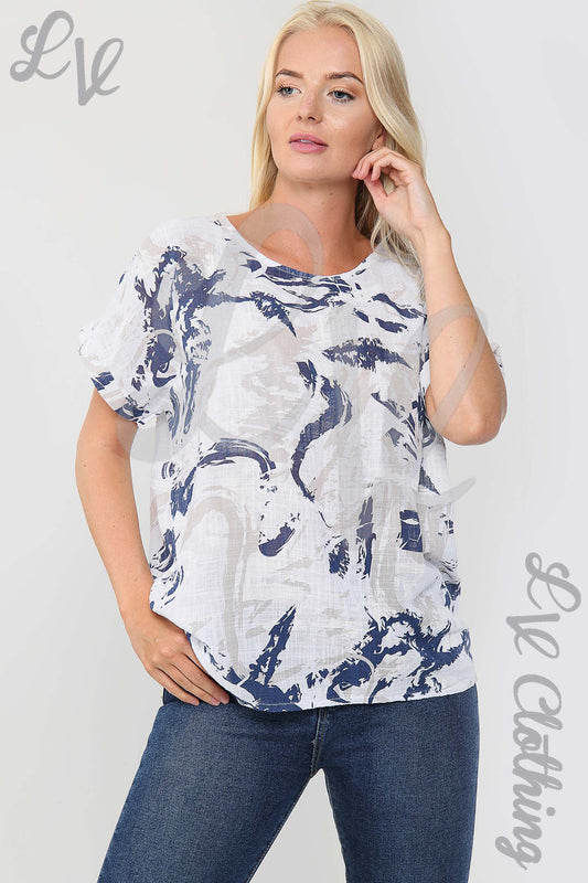 White abstract paint splash T-shirt top with blue crew neck and short sleeves