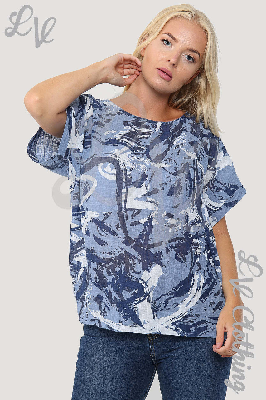 Dames Abstracte Verfspatten Print Top Denim - Stukprijs €9,99