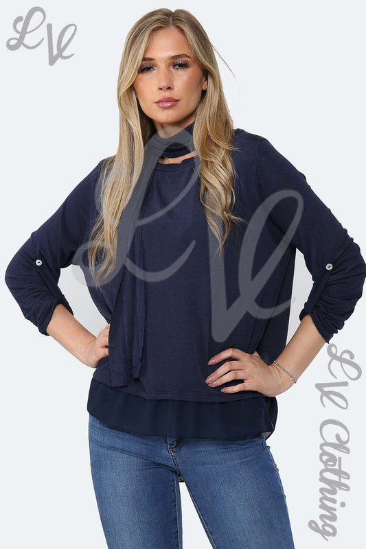 Navy ladies top with scarf, 3-button back, long sleeves, draped front