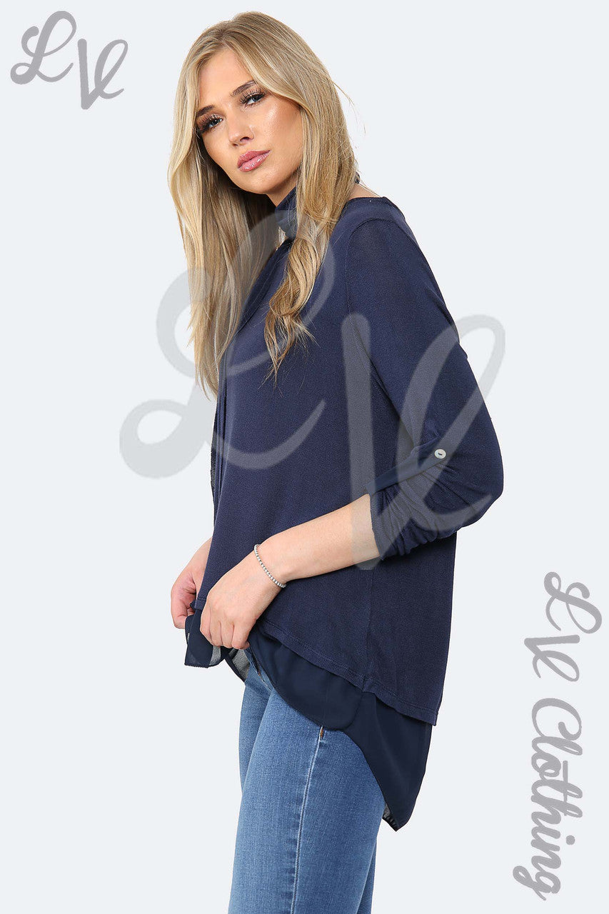 Dames top met 3 knopen en sjaal marineblauw - Prijs per eenheid €9,99