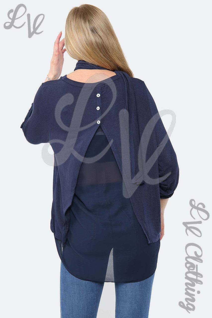 Dames top met 3 knopen en sjaal marineblauw - Prijs per eenheid €9,99