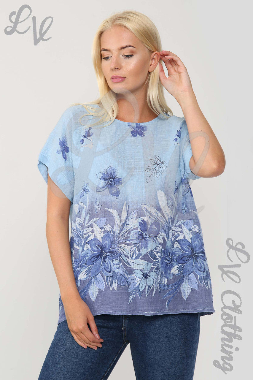 Ladies Floral Print Border Top Light Blue - Unit Price £9.99