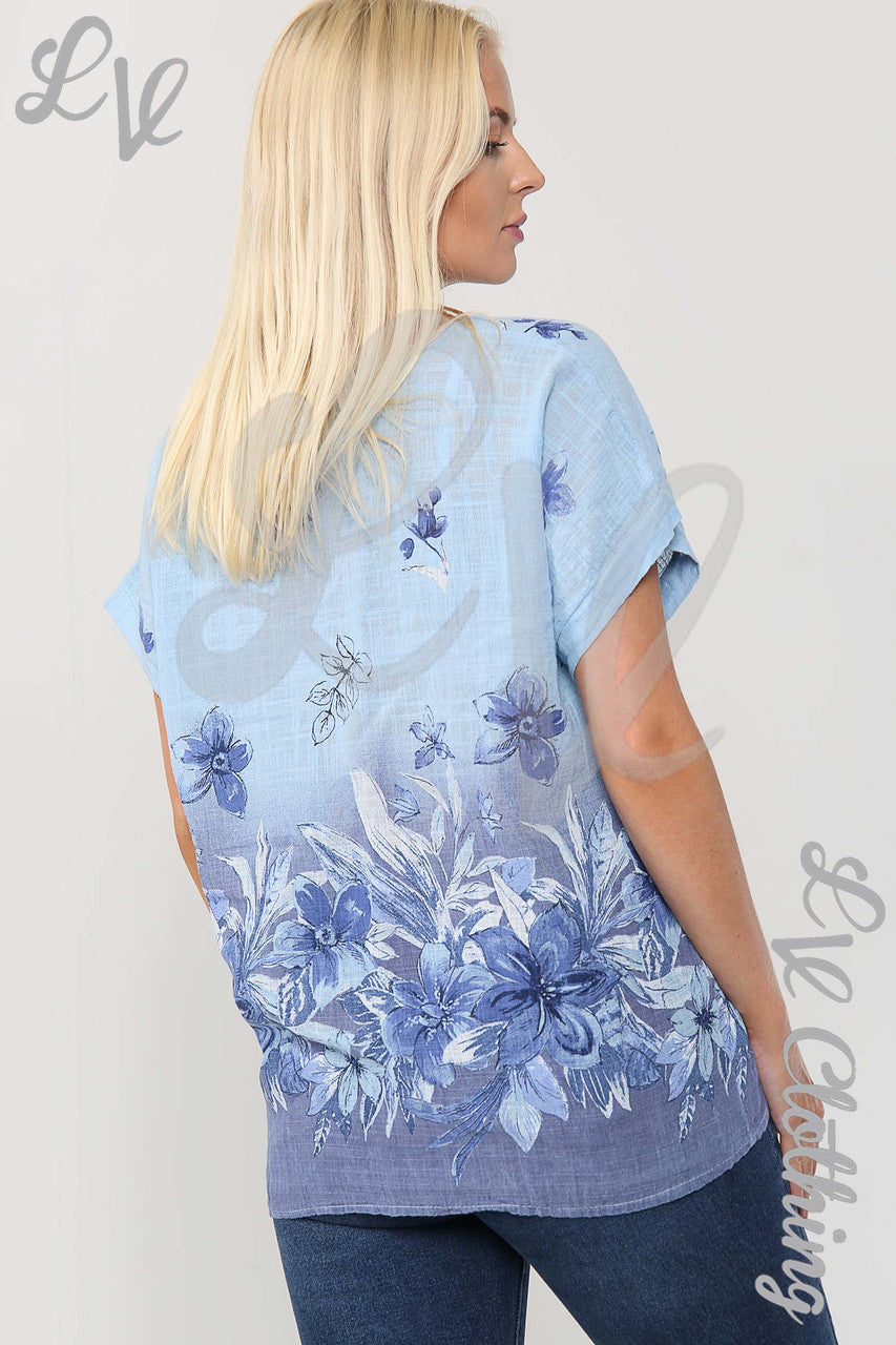 Ladies Floral Print Border Top Light Blue - Unit Price £9.99