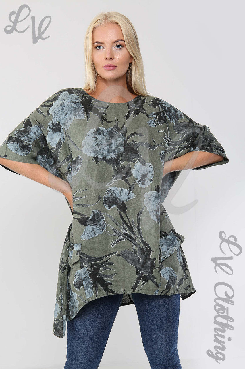 Ladies Flower & Leaf Print Smock Tunic Top Khaki - Unit Price £17.99