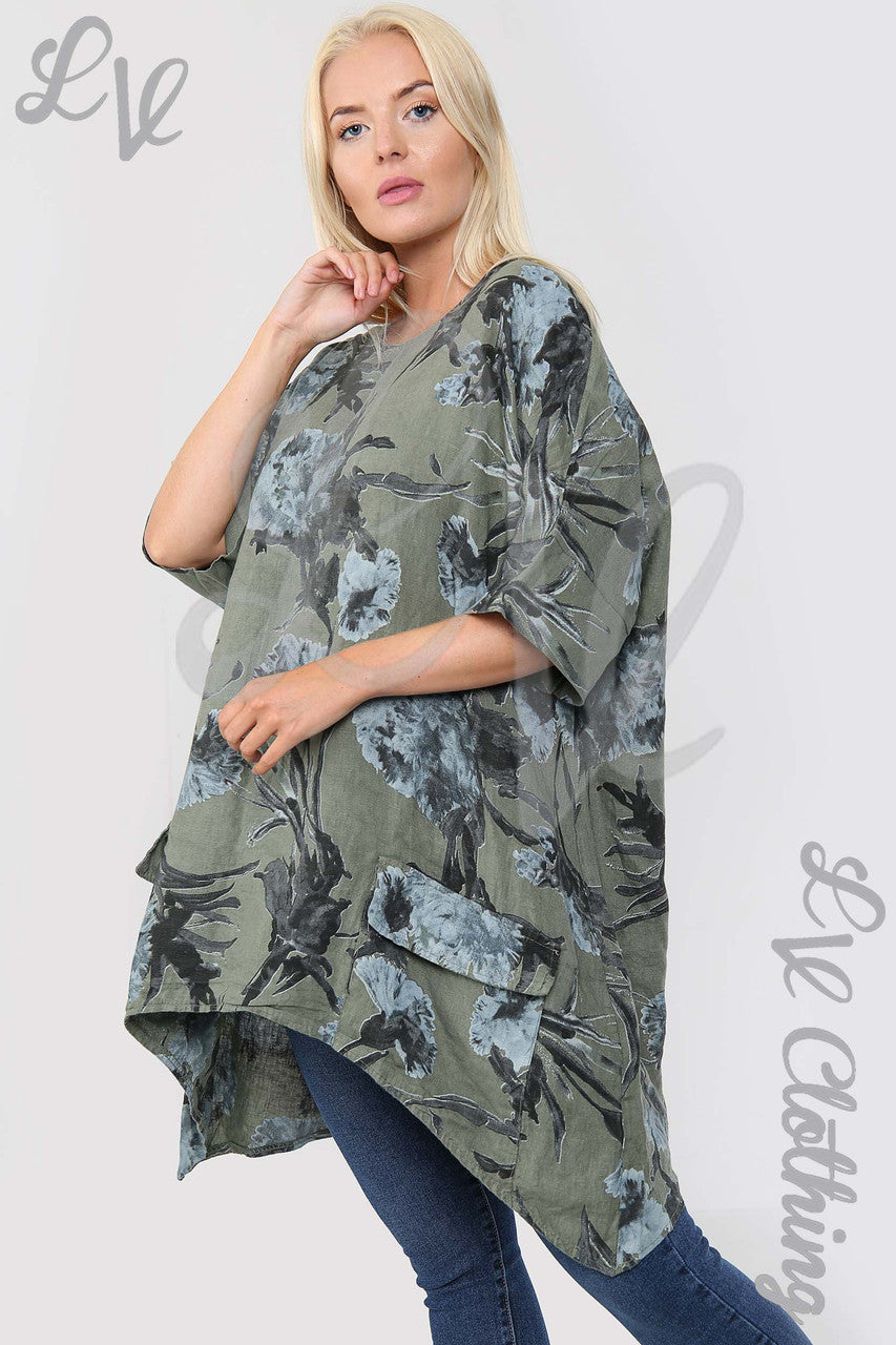 Ladies Flower & Leaf Print Smock Tunic Top Khaki - Unit Price £17.99