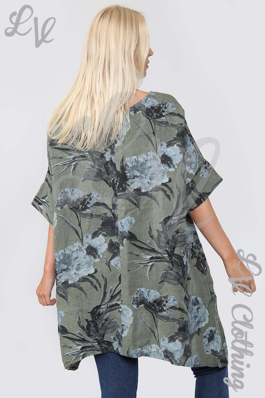 Ladies Flower & Leaf Print Smock Tunic Top Khaki - Unit Price £17.99
