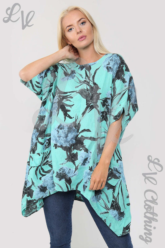Teal smock tunic top with black floral and leaf print, loose fit, short sleeves