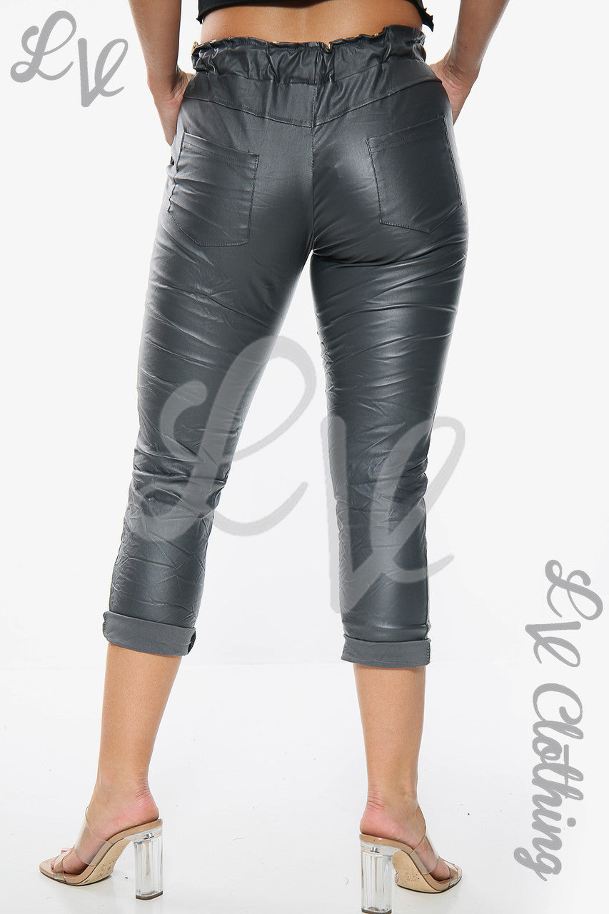 Dames Wet Look Broek met Paper Bag Stijl Houtskool Stukprijs €13,99