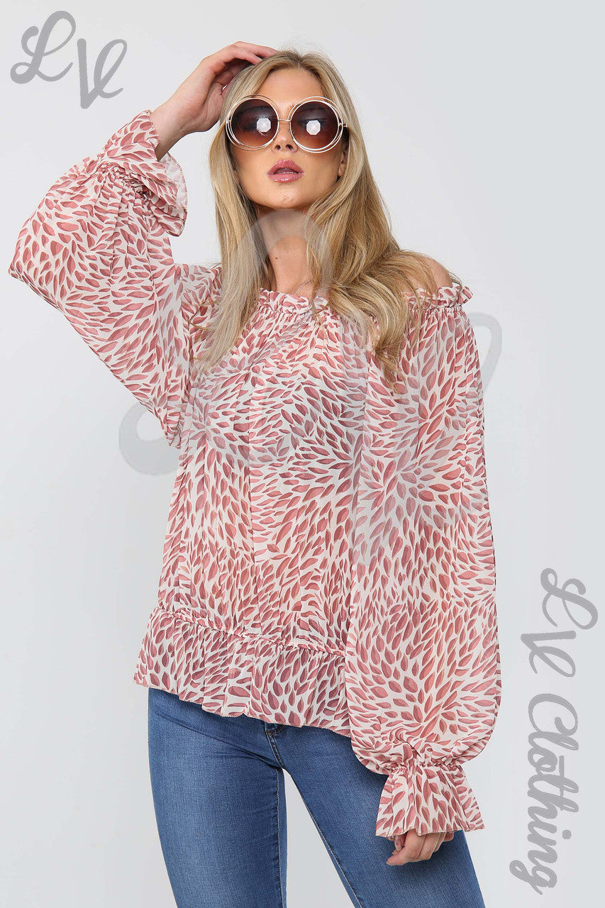 Ladies Printed Frill Hem & Sleeve Blouse Dusty Pink - Unit Price Was £7.99
