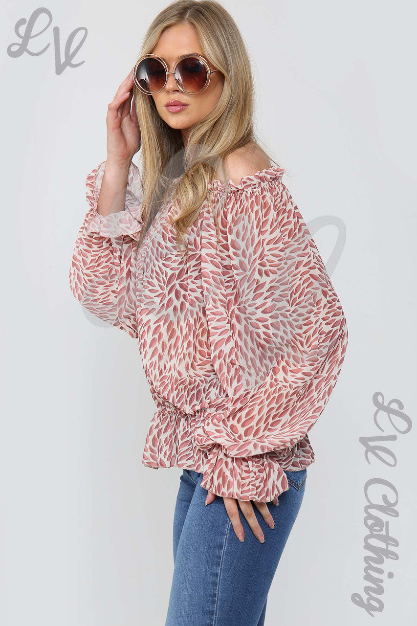 Ladies Printed Frill Hem & Sleeve Blouse Dusty Pink - Unit Price Was £7.99