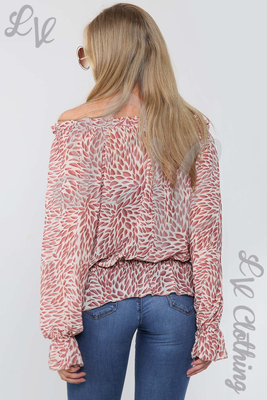 Ladies Printed Frill Hem & Sleeve Blouse Dusty Pink - Unit Price Was £7.99