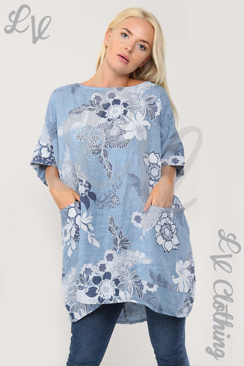 Ladies China Floral Print Smock Top Denim - Unit Price £15.99