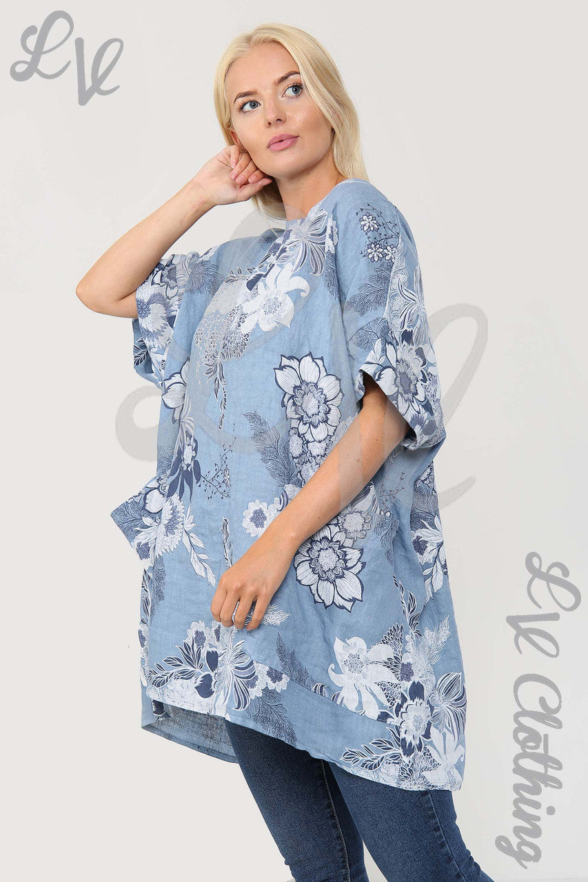 Ladies China Floral Print Smock Top Denim - Unit Price £15.99