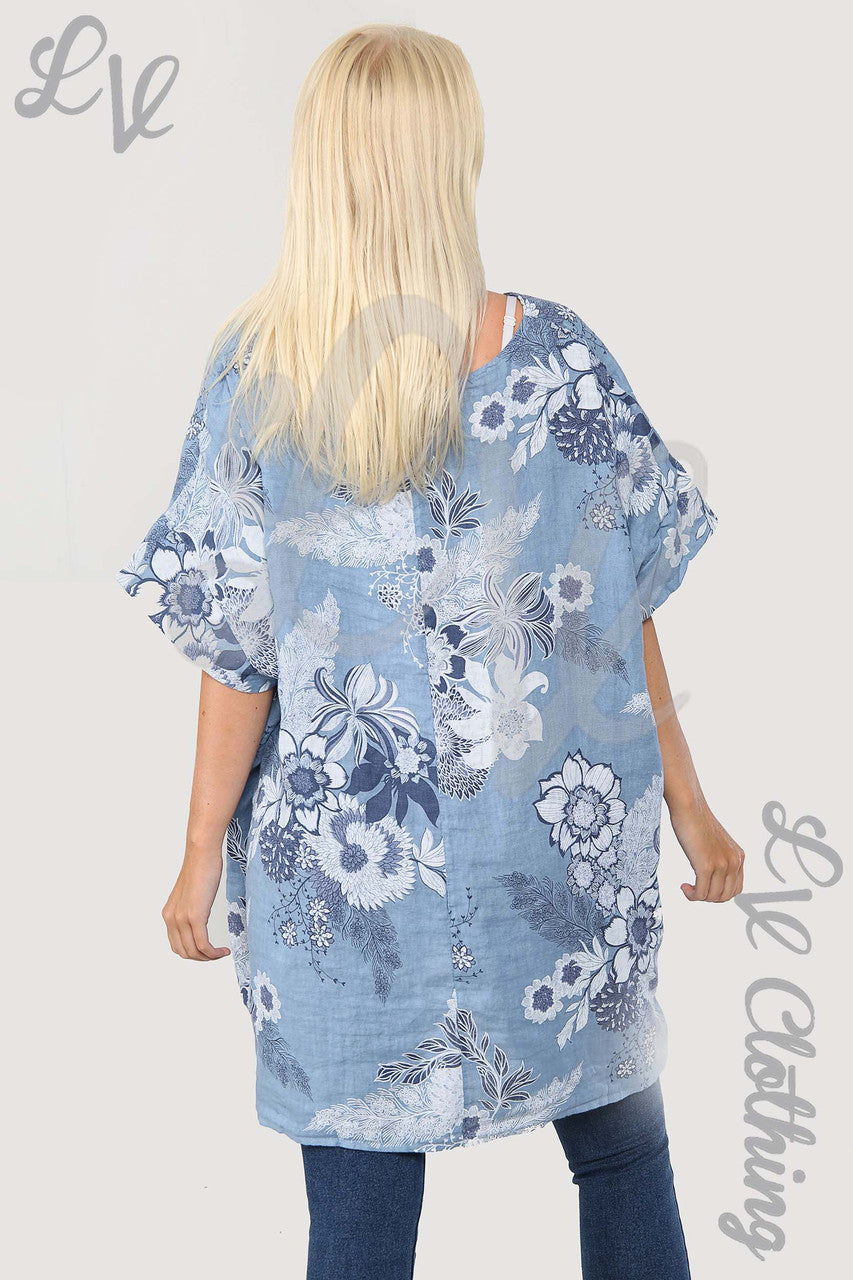 Ladies China Floral Print Smock Top Denim - Unit Price £15.99