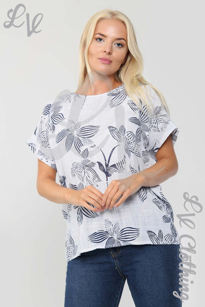 Ladies Floral Outline Abstract Print Top White - Unit Price £9.99
